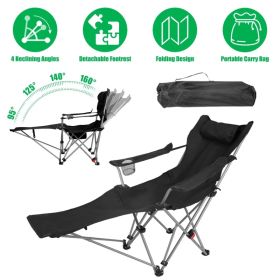Reclining Camping Chair With Footrest 4-Position Adjustable Outdoor Folding Chair Heavy Duty Portable Camping Lounge Chair With Headrest Cup Holder & (Option: black)